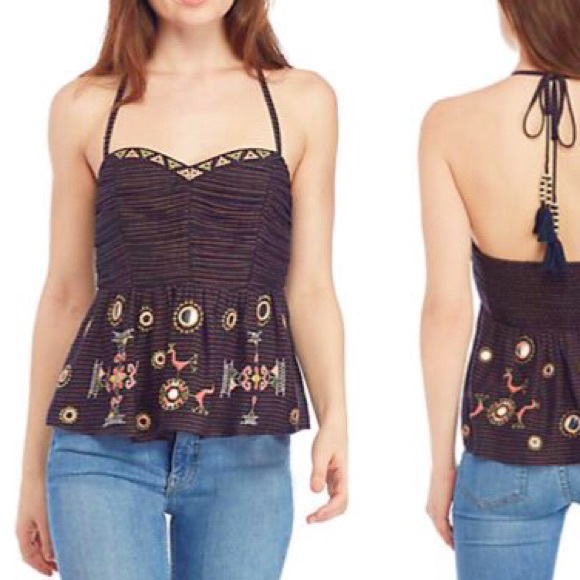 ⭐️HP⭐️FREE PEOPLE Sweet Safari Halter Top NWT Blue - Picture 3 of 8